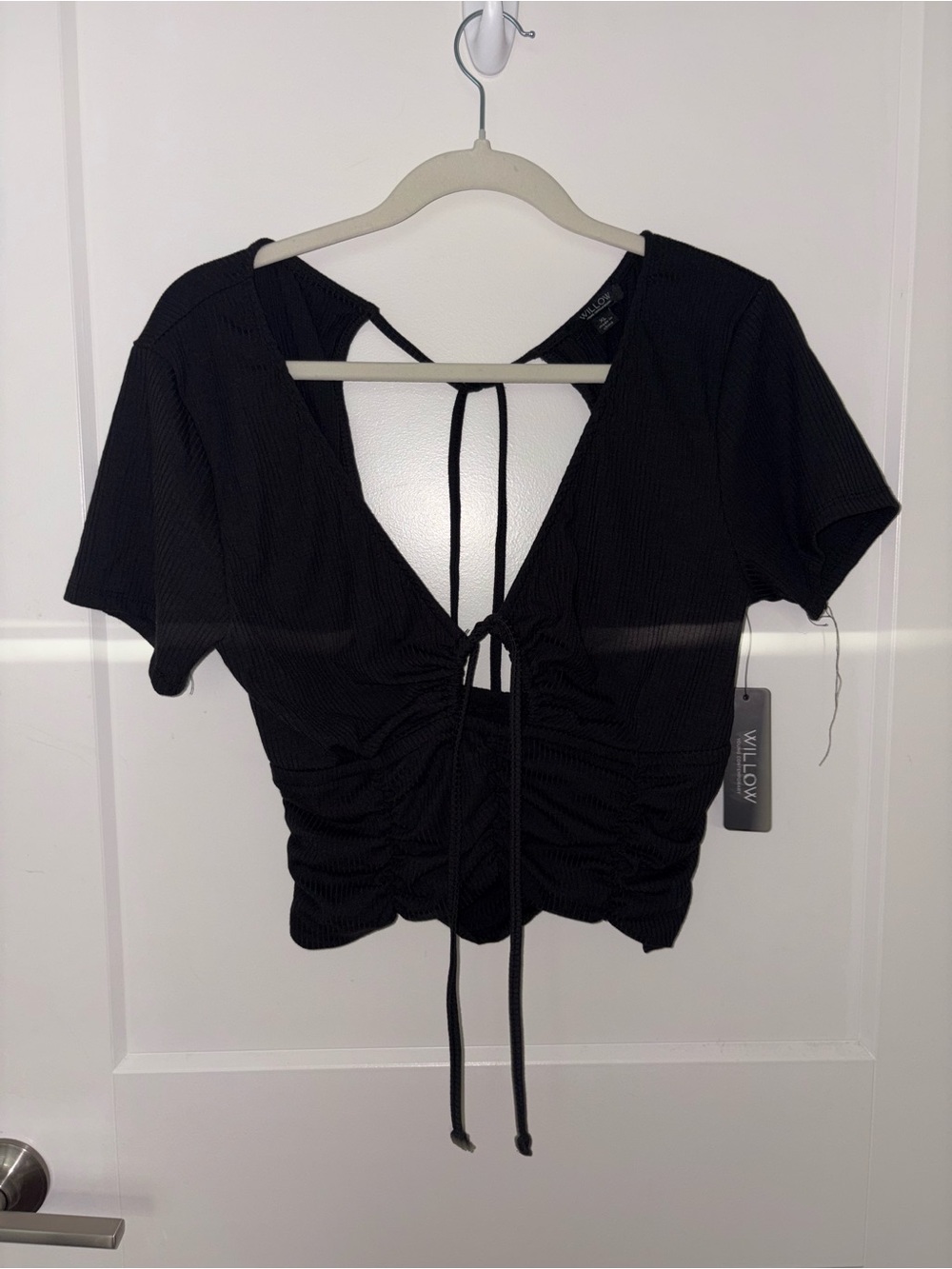 Willow Black Tie-Front Ruched V-Back Crop Top